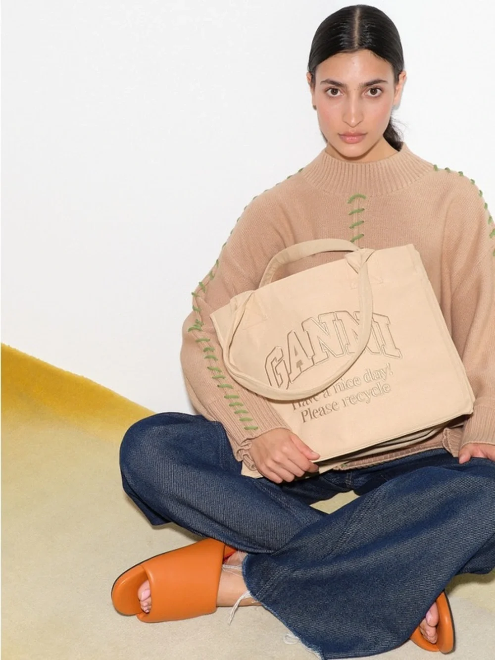 NWT Ganni tote tan beige cotton canvas tote gold embroidered logo w/ silk insert
